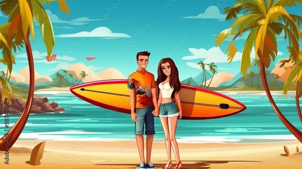 A man and a woman stand on a tropical island beach with a surfboard on a bright sunny day