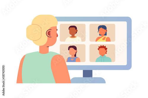 Online meeting for remote workers 2D vector isolated spot illustration. Freelancer with colleagues virtually flat character on cartoon background. Colorful editable scene for mobile, website, magazine