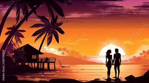 A man and a woman hold hands at sunset on a tropical island beach