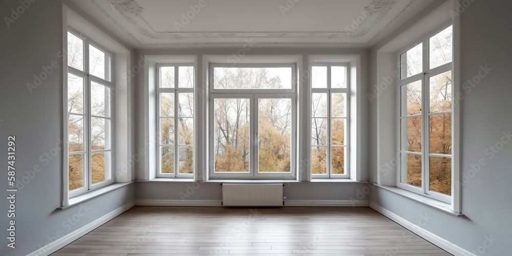 Fototapeta premium A classic empty room with gray walls and wooden floors, adorned with white molding, offers picturesque views of nature through its large white windows, Generative AI