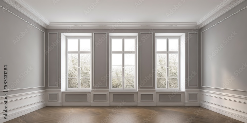 Fototapeta premium The elegance of the empty room interior is accentuated by its wooden floors and gray walls, which are complemented by white moldings and the serene beauty of nature visible through the , Generative AI