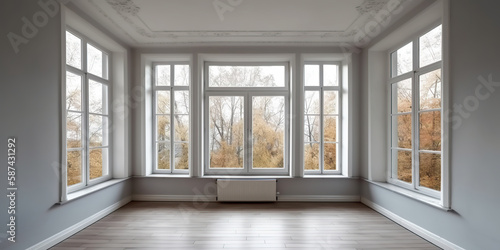 A classic empty room with gray walls and wooden floors  adorned with white molding  offers picturesque views of nature through its large white windows  Generative AI