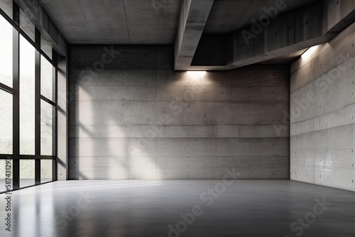 Monochromatic concrete space with geometric accents room, empty industrial room concept, Generative AI