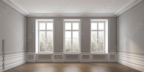 The elegance of the empty room interior is accentuated by its wooden floors and gray walls, which are complemented by white moldings and the serene beauty of nature visible through the , Generative AI