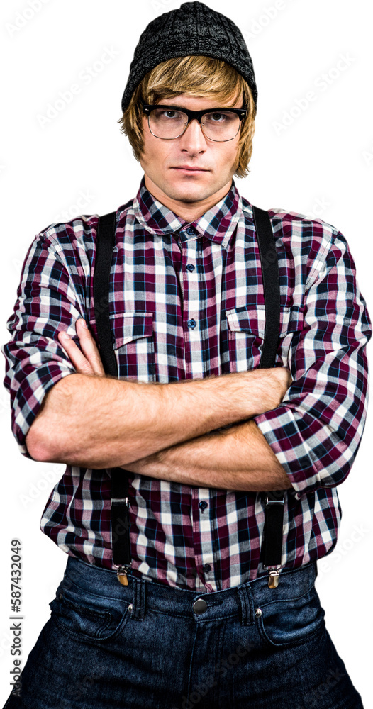 Serious blond hipster crossing arms Serious blond hipster crossing arms