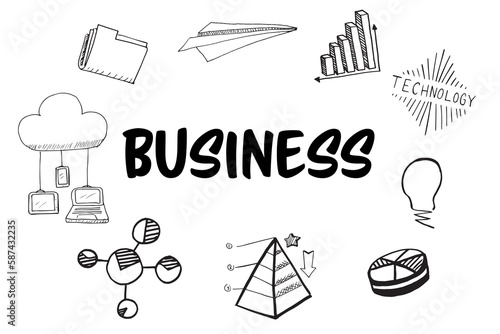 Business text surrounded by various vector icons