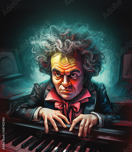 Ludwig van Beethoven caricature illustration Generative A.I.