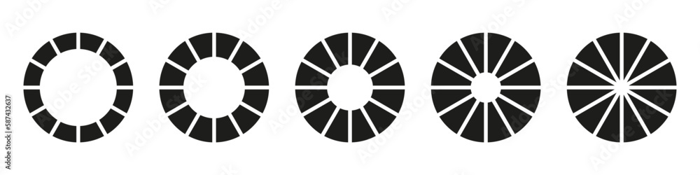 Wheels round divided in twelve sections. Diagrams infographic set. Circle section graph. Pie chart icons. Donut charts or pies segmented on 12 equal parts. Geometric element. Vector illustration. Wheels round divided in twelve sections. Diagrams infographic set. Circle section graph. Pie chart icons. Donut charts or pies segmented on 12 equal parts. Geometric element. Vector illustration.
