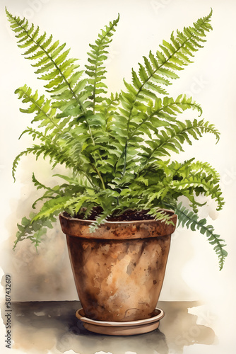 Watercolor Japanese Holly Fern Illustration for Botanical and Serene Home Decor. Generative AI