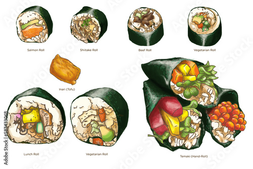 set of different kinds of sushi types