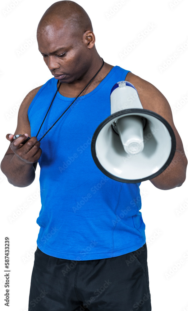 Fit trainer checking his stopwatch Fit trainer checking his stopwatch