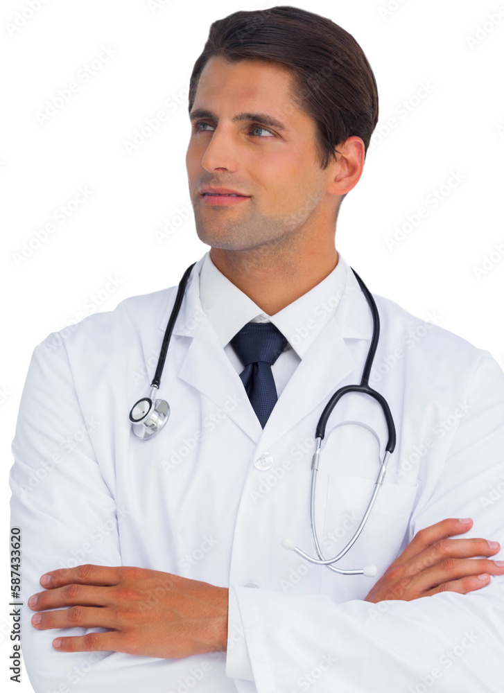 Confident doctor with arms crossed looking up Confident doctor with arms crossed looking up