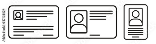 set of id card icons. personal id. citizen identity card sign. driving license. voter id card. entry card symbol. photo-id sign. outlined vector illustration