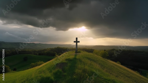 Cross on the green hill, Jesus Cross on a green hill, Christian symbol of faith, Christian happy and joyful moment, Ascension Day, Generative ai