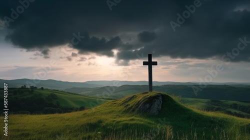 Cross on right upper side of the green hill, Jesus Cross on a green hill, Christian symbol of faith, Christian happy and joyful moment, Ascension Day, Generative ai