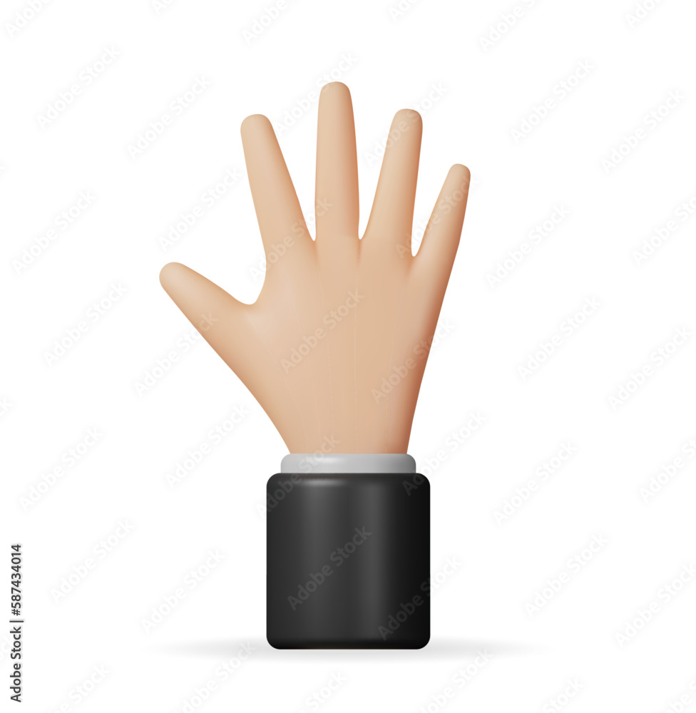 3D Hand Showing Five Fingers Isolated. Render Hand Greeting Symbol. Human Fist in Goodwill Gesture. Emoji Icon. Open Palm Hand. 3d Cartoon Character Sign. Vector Illustration