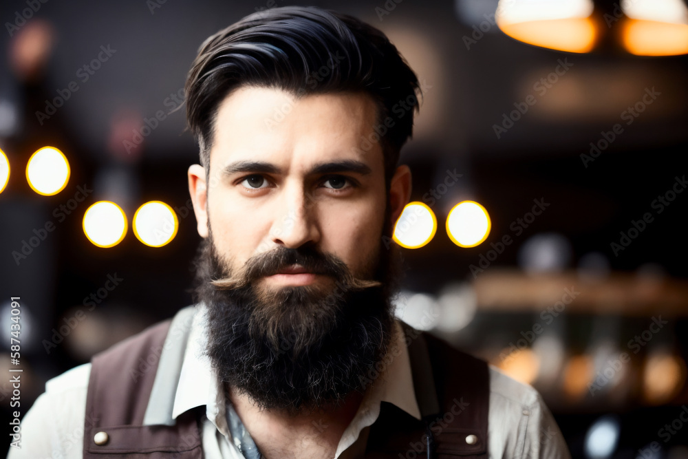 Portrait Professional brutal Barista with a fancy beard and makes coffee in a modern coffee shop. Generative AI Portrait Professional brutal Barista with a fancy beard and makes coffee in a modern coffee shop. Generative AI