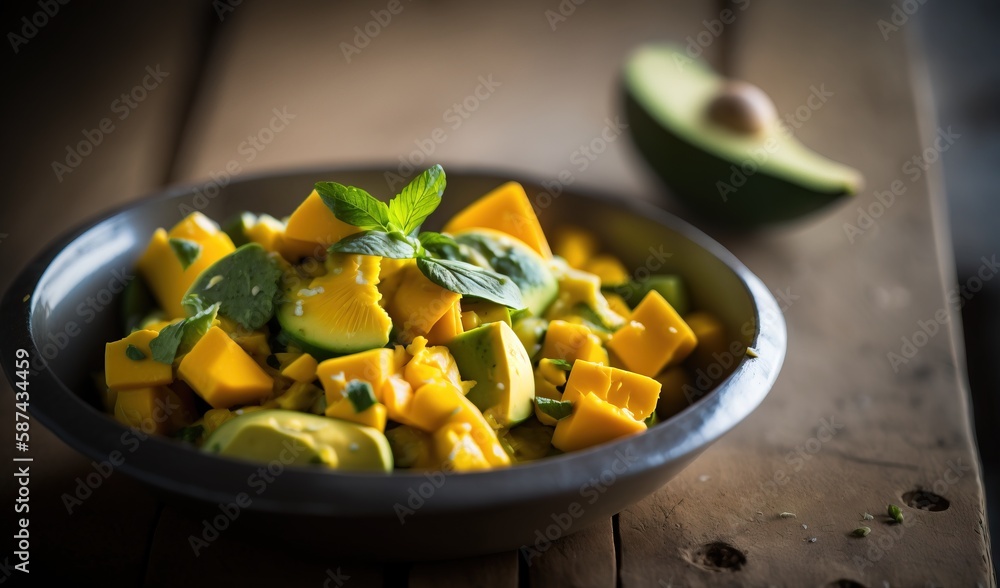a bowl of mango and avocado salad with mint. generative ai a bowl of mango and avocado salad with mint. generative ai