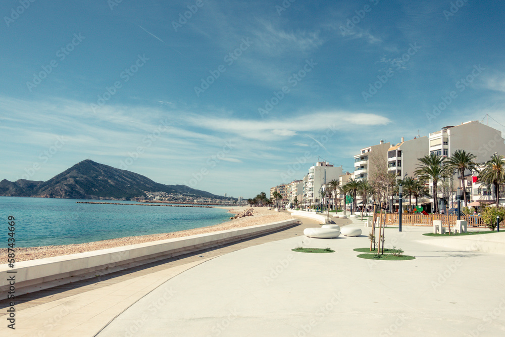 Altea seaside promenade with recreation and active leisure areas on sunny day. Altea - beautiful authentic Spanish village in Alicante Province, Valencian Community, by Mediterranean Sea in Spain