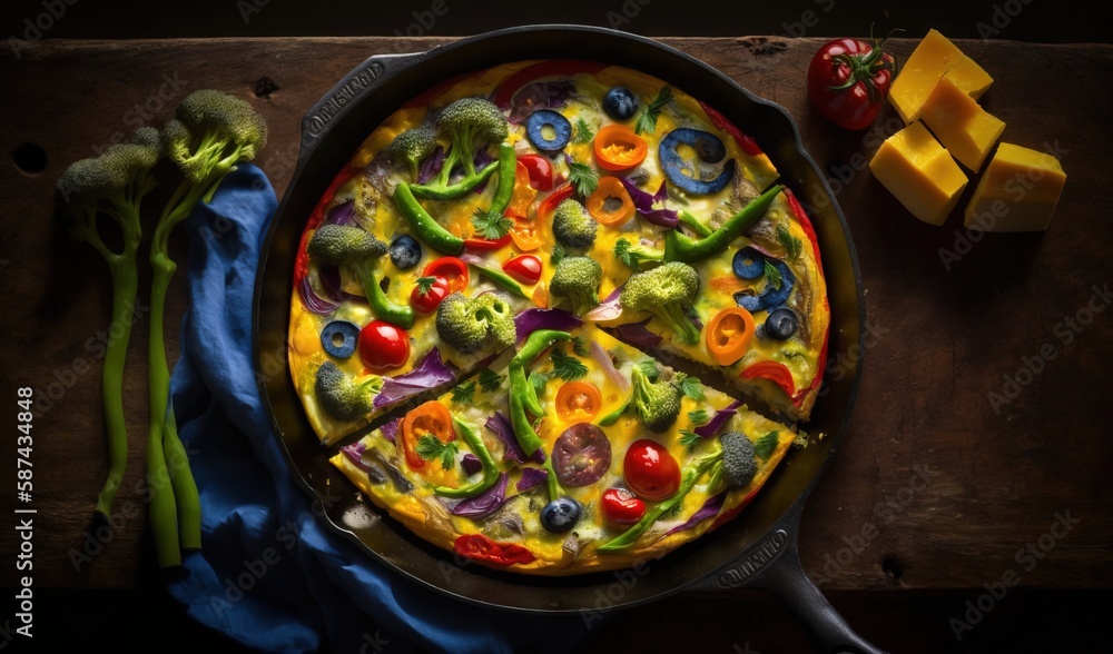 a pan of food with broccoli, peppers, and cheese. generative ai a pan of food with broccoli, peppers, and cheese. generative ai