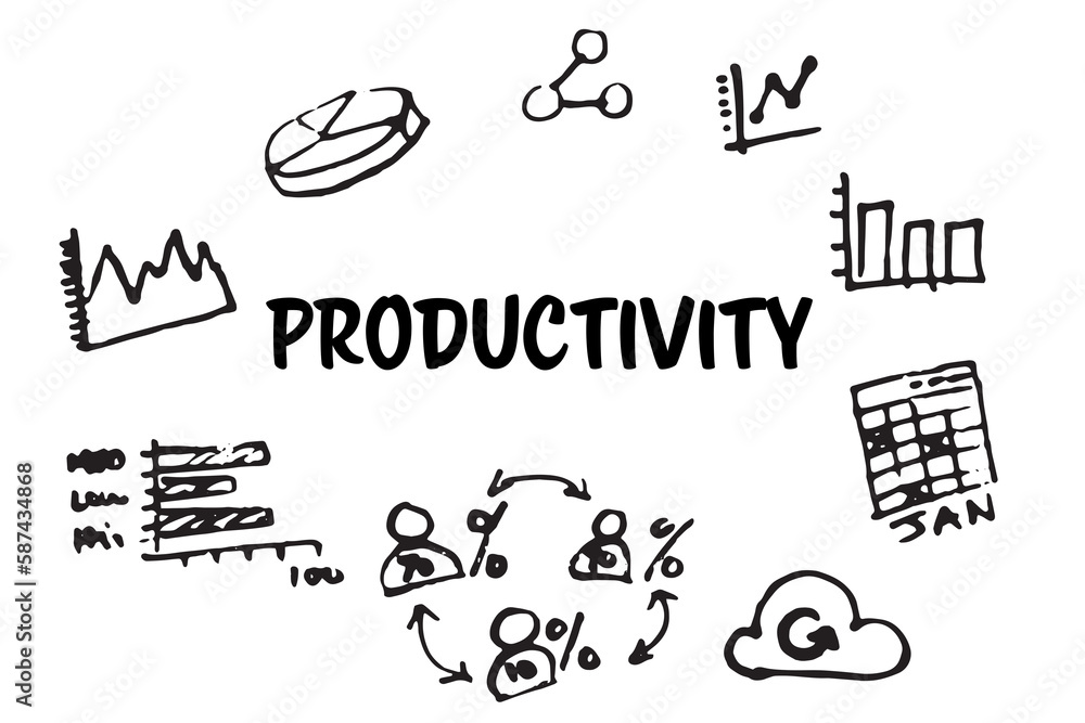 Productivity text surrounded by various vector icons