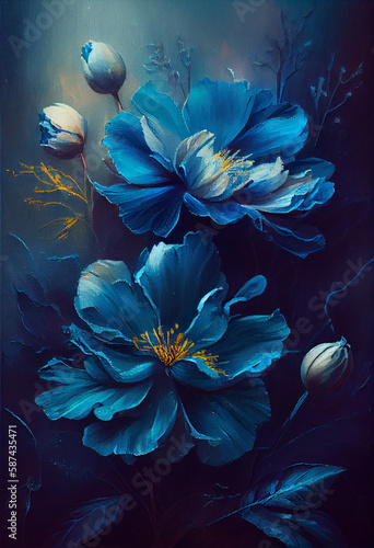Printable 22x32in - mystery mystic blue art flowers oil painting style , generative AI