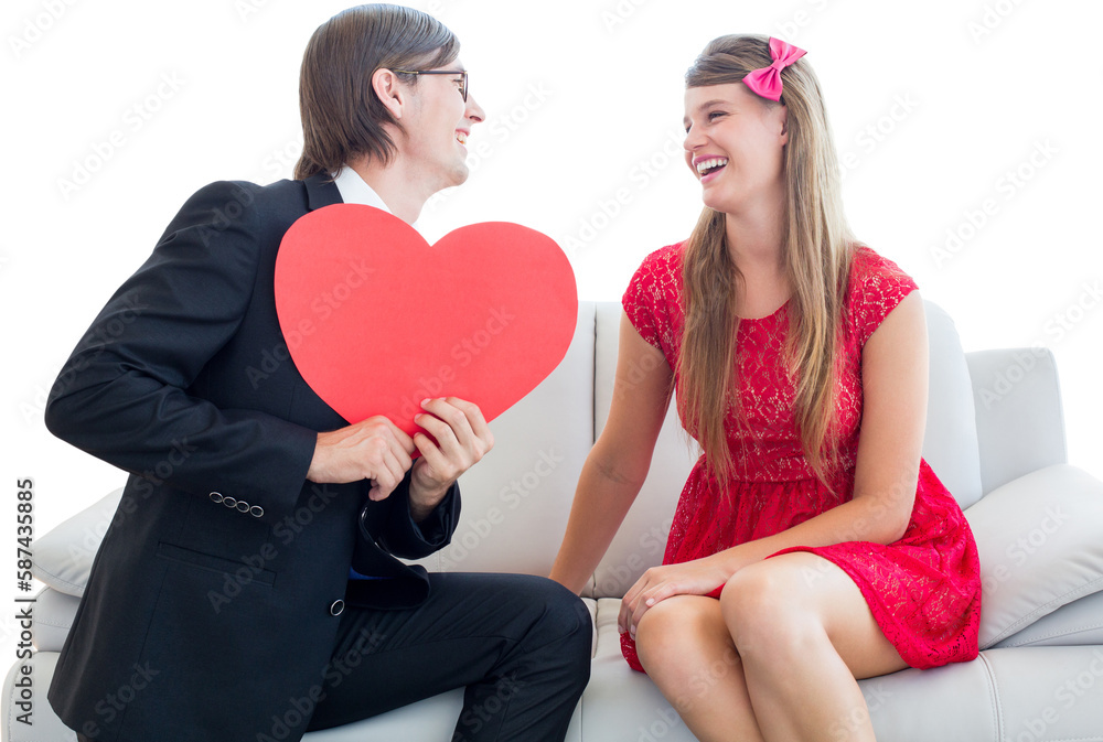 Cute geeky couple with red heart shape Cute geeky couple with red heart shape
