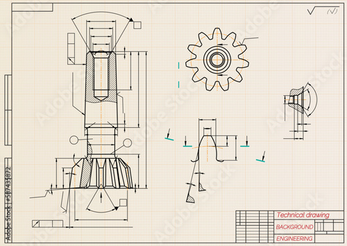 Mechanical engineering drawings on sepia background. Tap tools, borer. Technical Design. Cover. Blueprint. Vector illustration.