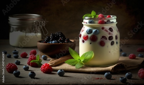  a jar of yogurt with berries and mint on a table.  generative ai