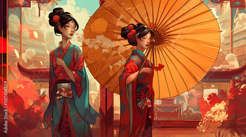 Asian women with parasol. Generative AI.