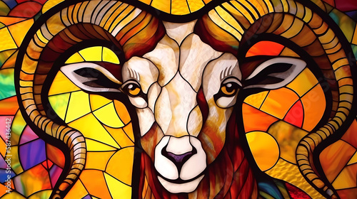 Stained glass art with pretty goat and a white background. Generative AI.