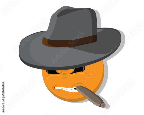 cartoon illustration vector design of a cowboy hat being worn by a round head with an irritated orange facial expression that seems to be smoking a cigar