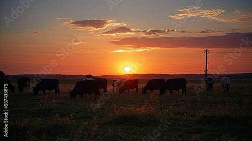 Cows in sunset. Generative AI © AdriFerrer