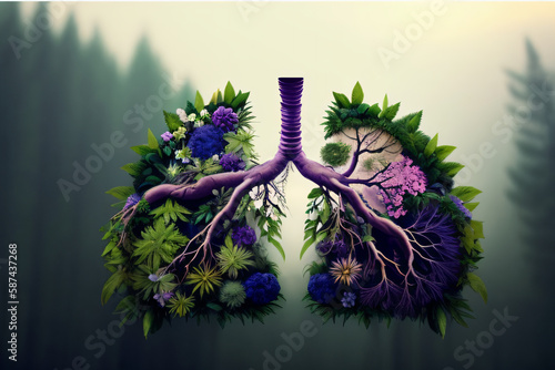lung made by plants, flowers, trees and shrubs, Generative ai