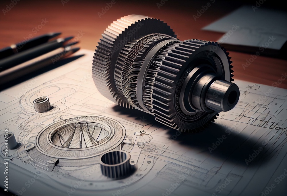 drawing of machine parts. Design documentation. Drawings and metal