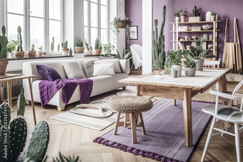White and purple wooden farmhouse living and dining room. Cloth couch, table, chairs, and décor. Modern decor,. Generative AI