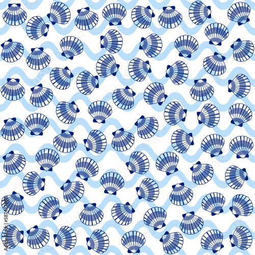 Bivalve mollusk cockleshell on waves backdrop, oceanic sea shell seamless pattern.
