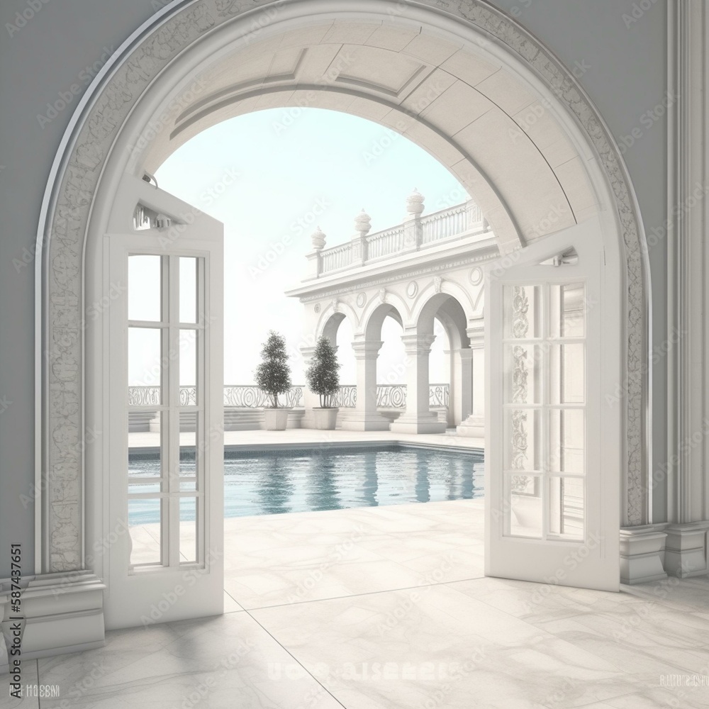 Classic luxury outdoor pool entrance arch. Looking in, there was an open door.3d rendering Generative AI