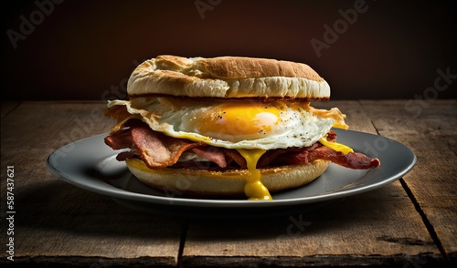  a bacon and egg sandwich on a plate on a wooden table. generative ai