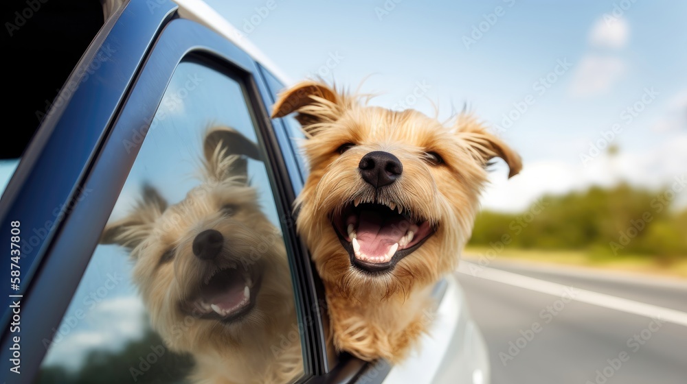 Happy dog with head out of the car window. Generative AI Happy dog with head out of the car window. Generative AI