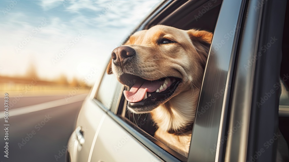 Happy dog top in car