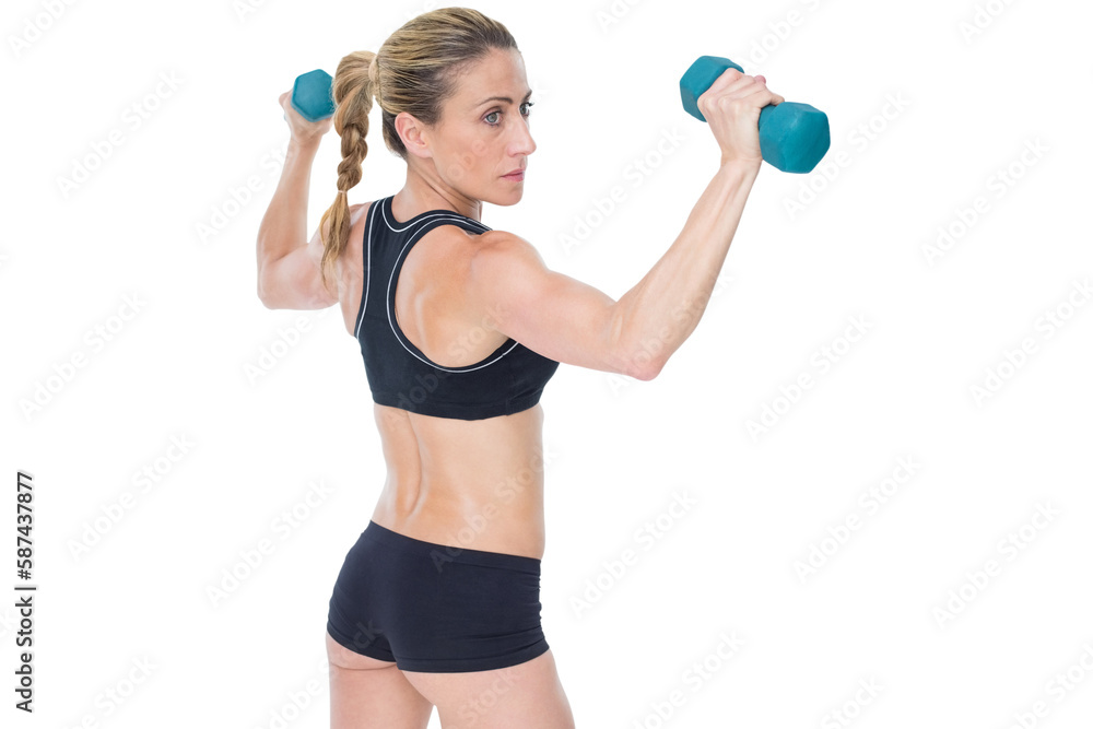 Female bodybuilder holding two dumbbells with arms up Female bodybuilder holding two dumbbells with arms up