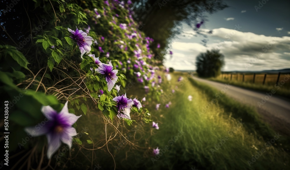 Naklejka premium purple flowers growing on the side of a road next to a lush green field. generative ai