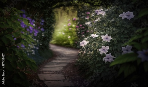  a pathway that has flowers on both sides of it and a light at the end of the tunnel. generative ai