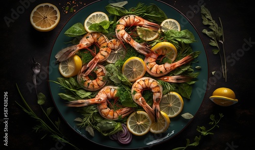  a plate of shrimp with lemons, onions, and spinach. generative ai