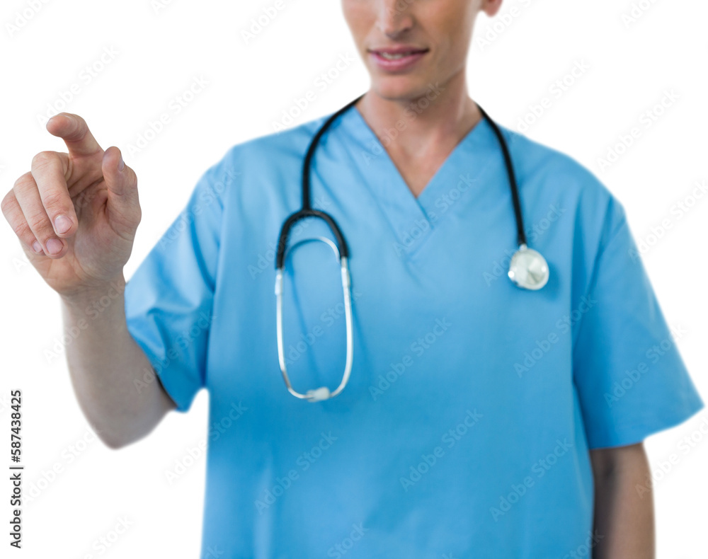 Mid section of female nurse touching an invisible screen Mid section of female nurse touching an invisible screen