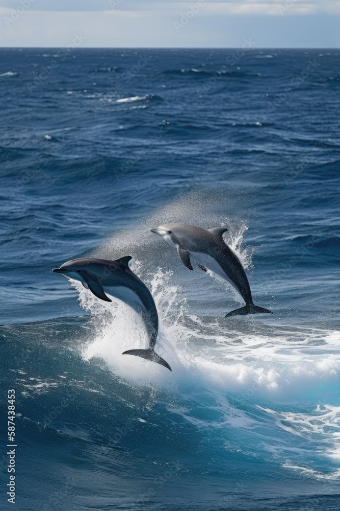 Fototapeta premium Playful dolphins jumping over breaking waves. Generative AI