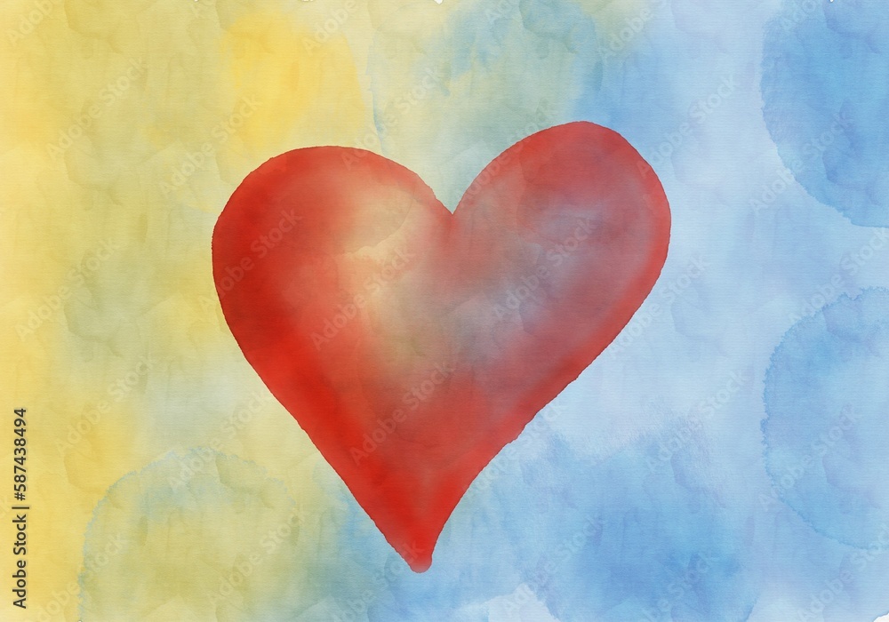Fototapeta premium red heart on a yellow-blue watercolor background