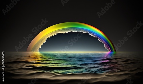  a rainbow colored wave coming out of the ocean into the dark sky.  generative ai © Anna