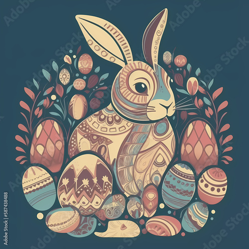 Easter bunny surrounded by Easter eggs